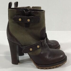 Women’s Tory Burch Platform Brown Leather/Green Canvas Ankle Boots Size 6.5M